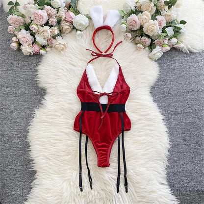 Women'S Christmas Sexy Red Bodysuit Lingerie And A Hat Bridal Lingerie секси комплект женского белья Seksowna Bielizna Komplet