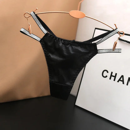 Sexy Silk Satin Thongs Hollow Out Fashion Solid Color Panties Cotton Crotch Low Waist Breathable Pure Color Women's Underwear