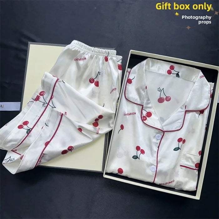 Cherry Print Silk Pajamas Set for Women Summer Short Sleeve Shirt and Shorts Two Pieces Sleepwear Homewear Nightwear