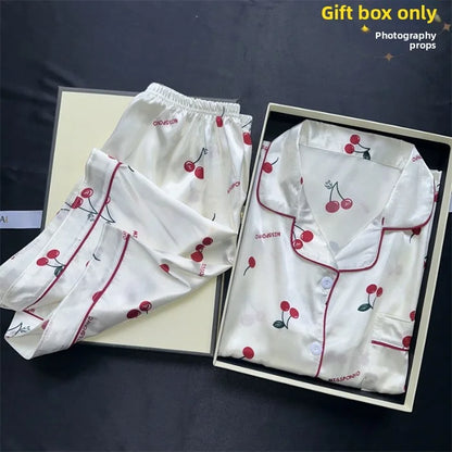 Cherry Print Silk Pajamas Set for Women Summer Short Sleeve Shirt and Shorts Two Pieces Sleepwear Homewear Nightwear