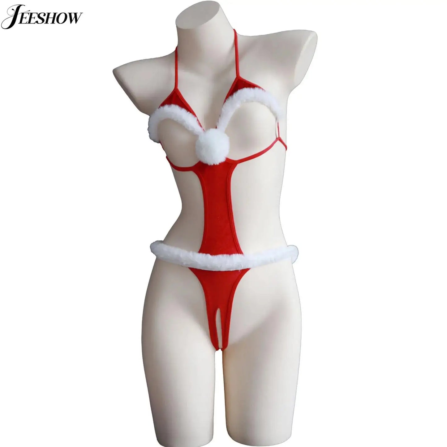 Womens Christmas Lingerie Bodysuit Halter Neck Hollow Out High Cut Velvet Babydoll Teddy Xmas Holiday One Piece Lingerie Leotard
