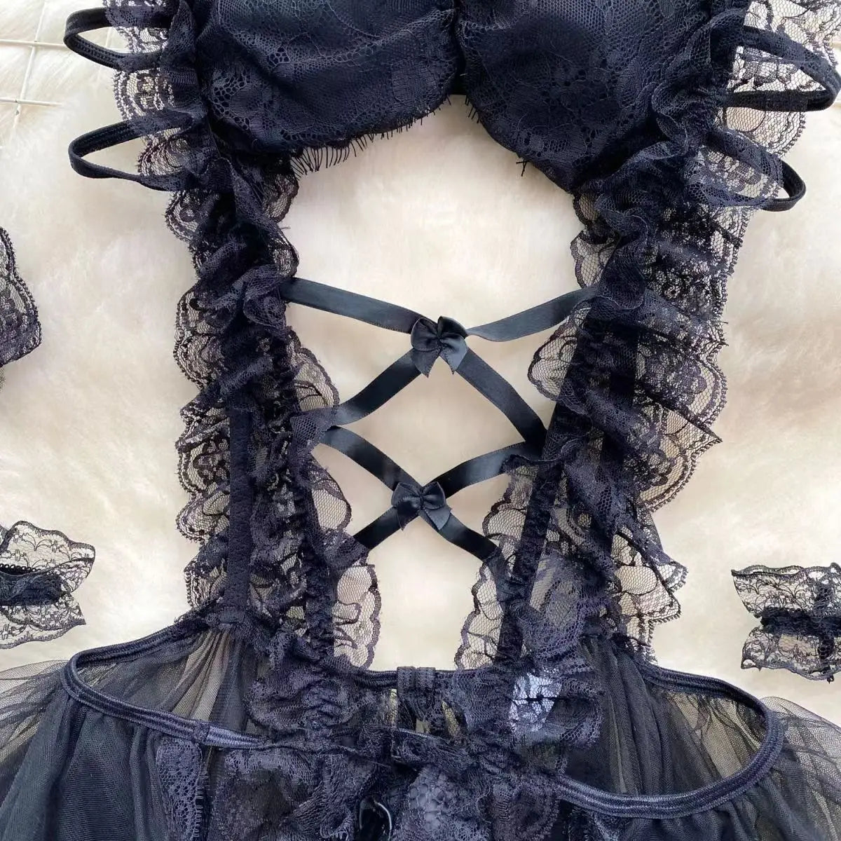 Lolita Strap Bodysuit With Cross Lace Up Hollow Patchwork Playsuit Double-Layer Sheer Mesh Sweet Women's Pajamas Sexy Lingerie