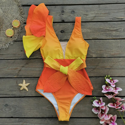 2025 New Sexy V-Neck One Piece Swimsuit Belt Swimwear Women Ruffle Monokini Push Up Swim Suit Colorful Bathing Suit Female Beach