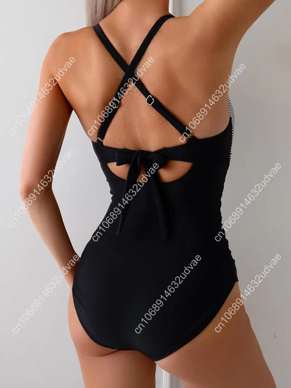 B2prity Women's One Piece Swimsuits Tummy Control Front Cross Bathing Suits Tie Back Slimming V Neck Swimwear