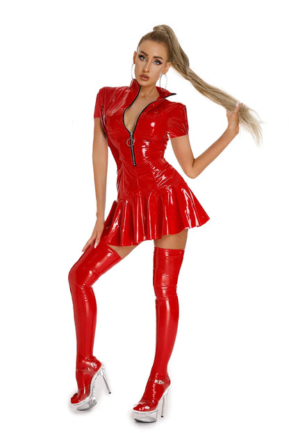 Sexy Glossy Leather Short Sleeves Dress Lady Erotic Shaping Pleated Short Dress Zipper Porn Breast Exposing Latex Mini Dress