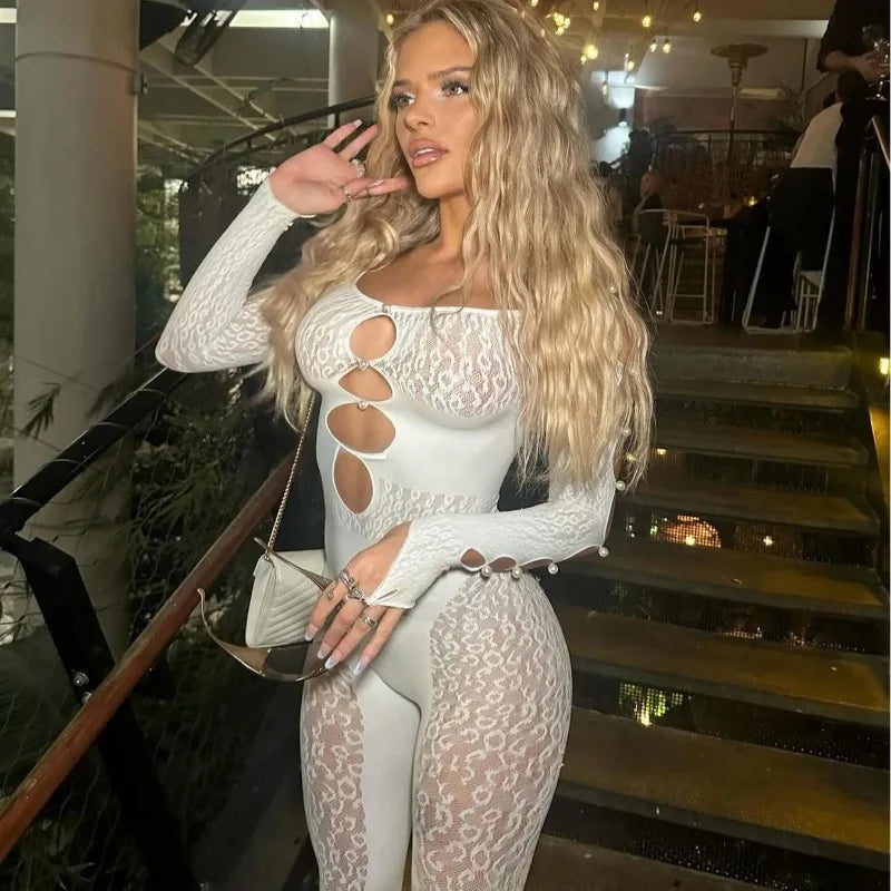 Viral Cheetah Bodysuit Pearl Embellished Mesh Lingerie Seductive Jacquard Catsuit for Women Flirtatious See Through Outfit
