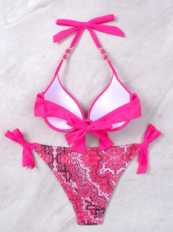 2025 Push Up Halter Bikini Printed Swimsuit Women Sexy Strappy Swimwear Female Bathers Bathing Swimming Swim Suit Beachwear