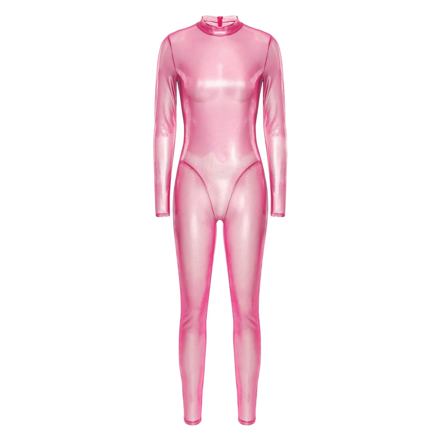 Women Metallic Shiny Full Body Unitards Sheer Rave Party Nightclub Jumpsuit Long Sleeve Long Pants Back Zipper Catsuit Clubwear