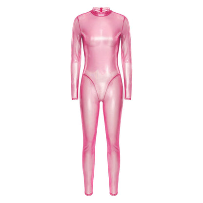 Women Metallic Shiny Full Body Unitards Sheer Rave Party Nightclub Jumpsuit Long Sleeve Long Pants Back Zipper Catsuit Clubwear
