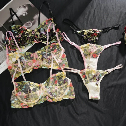 Floral Embroidery Lace Bras Set Women Sheer 2-Piece Sexy Bra + Panties Lingerie Fashion Underwear Set Intimates