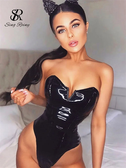 SINGREINY Strapless PU Leather Sexy Bodysuits Ladies Zipper Design Bodycon Top Fashion Streetwear Open Crotch Sensual Playsuits
