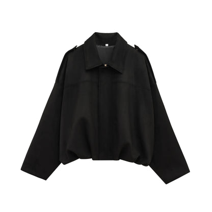 HH Women Brown Green Suede Jacket Loose Casual Bomber Coat Lapel Zipper Long Sleeve Jackets Vintage Lady Motorcycle Outwears