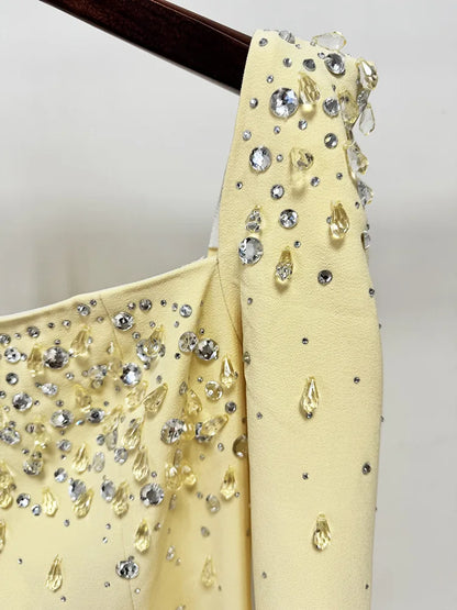 HIGH QUALITY Newest Fashion 2025 Designer Vestido Women's Square Collar Beading Diamonds Long Sleeve Maxi Dress