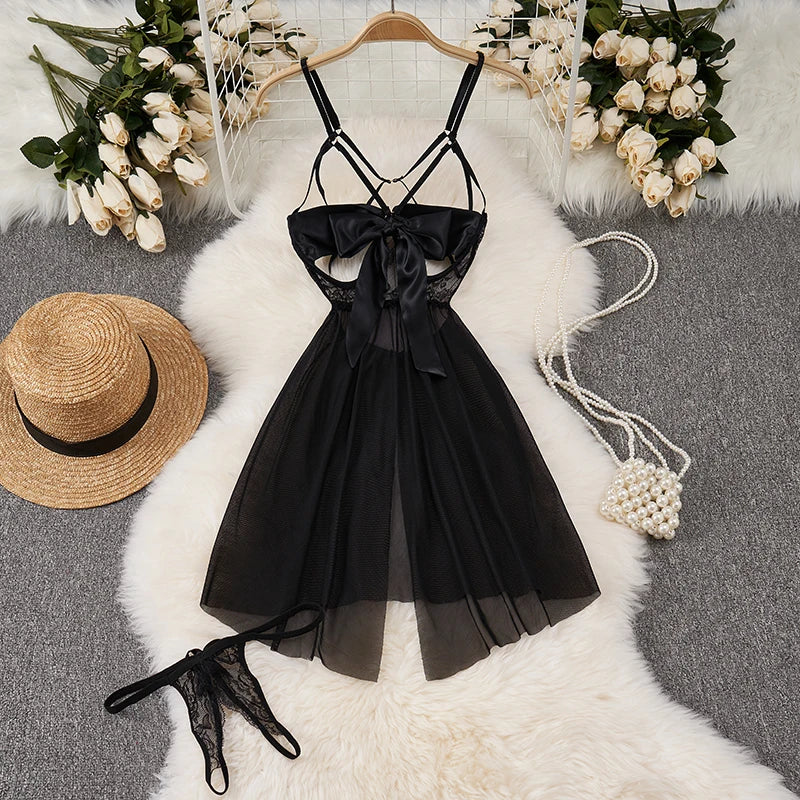 Sexy Lace Gauze Patchwork Strap Bodysuit Hollow Sleeveless Slim backless Women Erotic Lingerie Hotsweet Bow Night Maid Cosplay