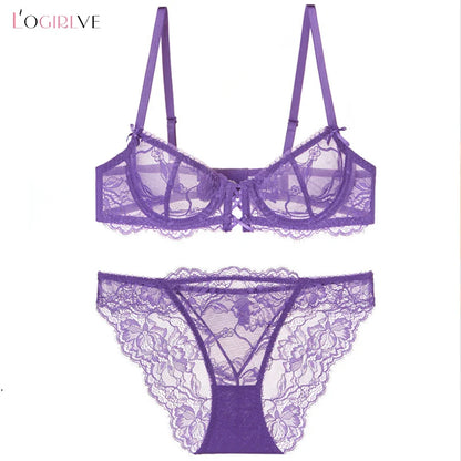 Logirlve Ultra-Thin Hollowed-Out Lace Bra Set for Women Push up Breast Brassiere Sexy Embroidery Underwear Lingerie Ladies
