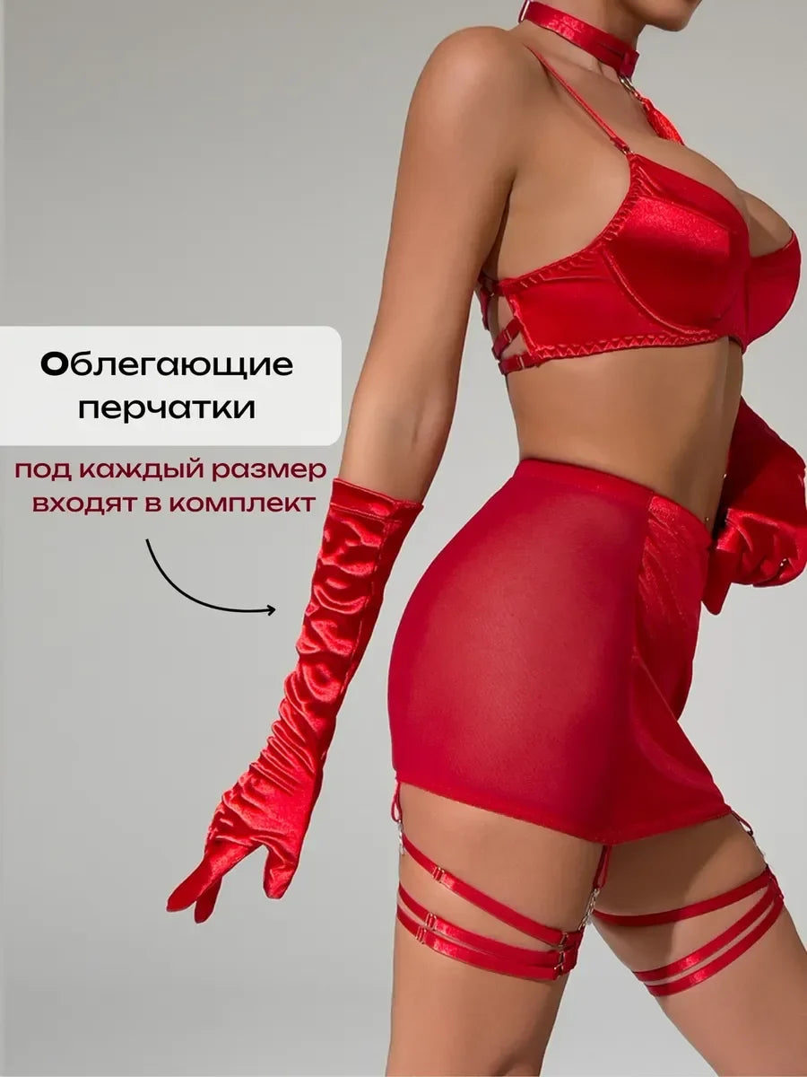 Toucheart Hot Lingerie Women Sexy Tassel Tempting Satin Spliced Mesh ip Skirt with Gloves Split Erotic Lingerie Sexy Underwear