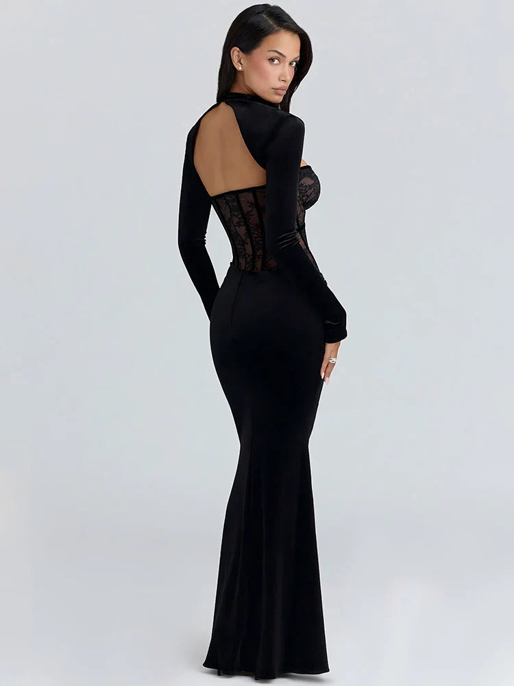 Mozision Long Sleeve Backless Sexy Maxi Dress Women Gown Elegant Lace Print Off-shoulder High Waist Ruched Bodycon Club Dresses