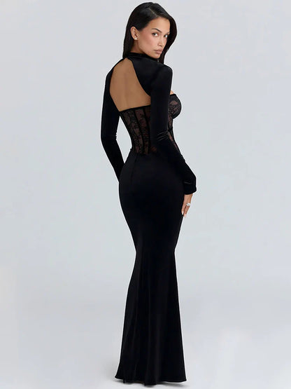Mozision Long Sleeve Backless Sexy Maxi Dress Women Gown Elegant Lace Print Off-shoulder High Waist Ruched Bodycon Club Dresses