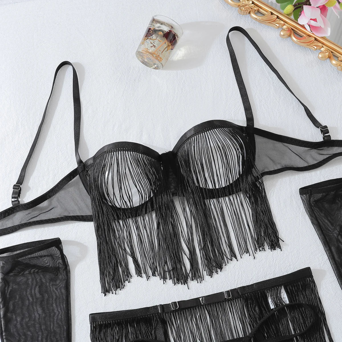 Ellolace Tassel Porn Erotic Lingerie 8-Piece Transparent Ultra Sexy Adult Costume with Garter Outfit Call The Night Sex Suit