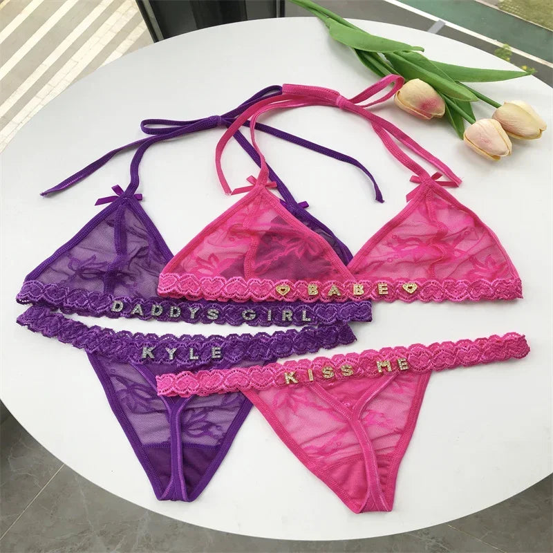 Name Custom Crystal Letter Thong Lace Tie Neck Bikini Bra Panties Sexy Personalized Name Low Waist G-String Underwear Bra Set