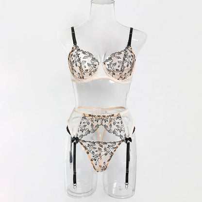 SINGREINY Floral Embroidery Underwear 3pcs Suits 2025 Female Strap Sheer Bra+Sheer Thongs Spliced Mesh Sexy Club Lingerie Sets