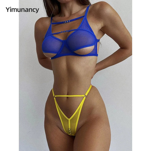 Yimunancy 2-Piece Contrast Color Mesh Cut Out Transparent Lingerie Set Women Sexy Exotic Sets Brief Kit