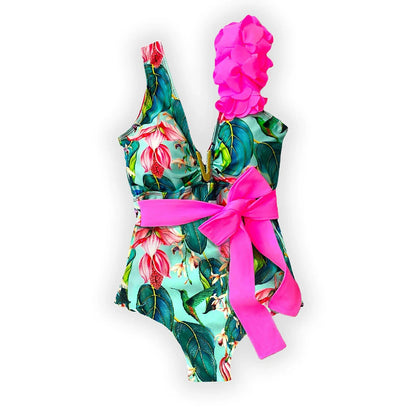 2025 New Sexy V-Neck One Piece Swimsuit Belt Swimwear Women Ruffle Monokini Push Up Swim Suit Colorful Bathing Suit Female Beach
