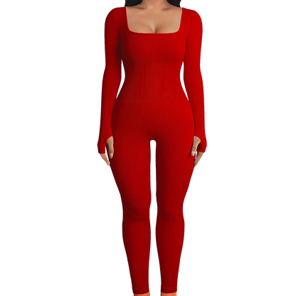 Solid Color Ribbed Yoga Jumpsuit, Seamless Slim Fit Long Sleeve Sports Bodysuit, Women's Activewear