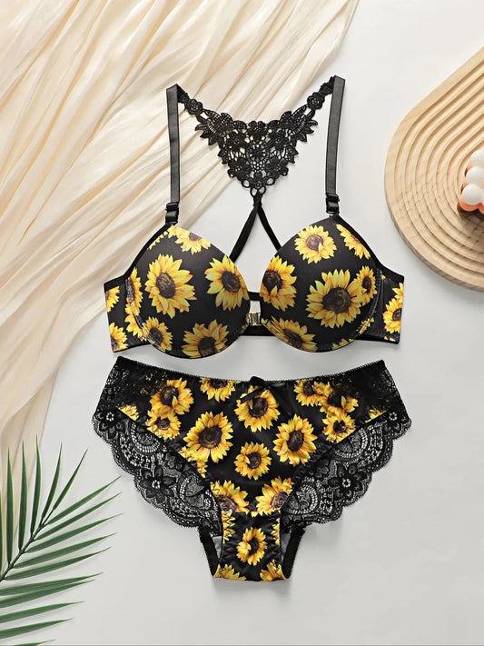 Women's sexy lingerie set with front buckle chrysanthemum pattern and steel ring gathering push up underwear set A3116