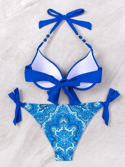 2024 New Print 2-piece Swimsuit for Women,hard Cup Suspender Push Up Bikini Set,summer Beach Vacation Backless Bathing Suit