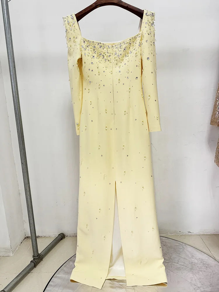 HIGH QUALITY Newest Fashion 2025 Designer Vestido Women's Square Collar Beading Diamonds Long Sleeve Maxi Dress