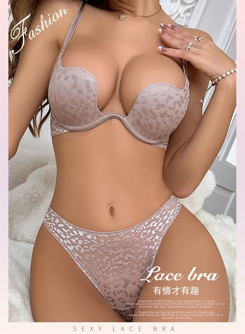 Logirlve Women's Fashion Backless Bra Set Invisible Push up Lingerie C/D Cup Deep U Plunge Brassiere Underwear Sexy Plunge Bra