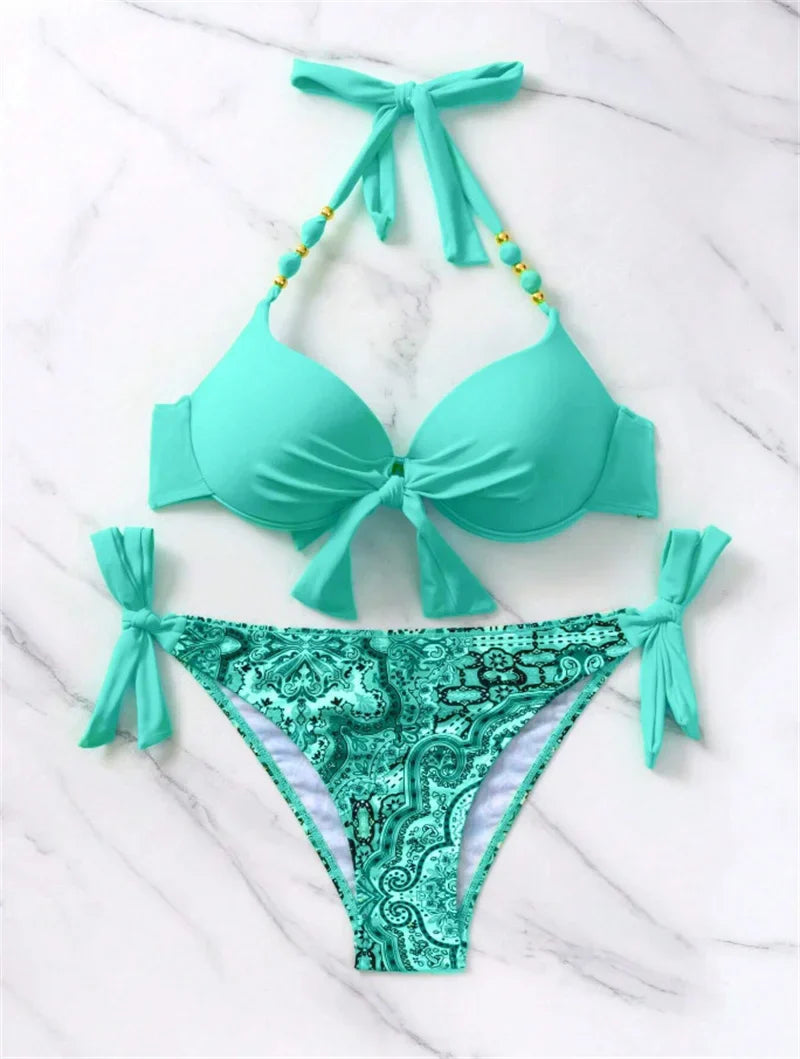 Summer Bikini New Underwired Bra Push Up Swimsuit Women Chest Knot Bow Bathing Suit Outfits Ties Swimwear Women Swimming Suit XL