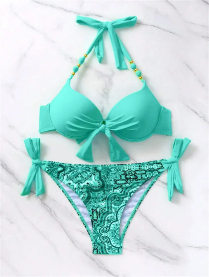 Summer Bikini New Underwired Bra Push Up Swimsuit Women Chest Knot Bow Bathing Suit Outfits Ties Swimwear Women Swimming Suit XL
