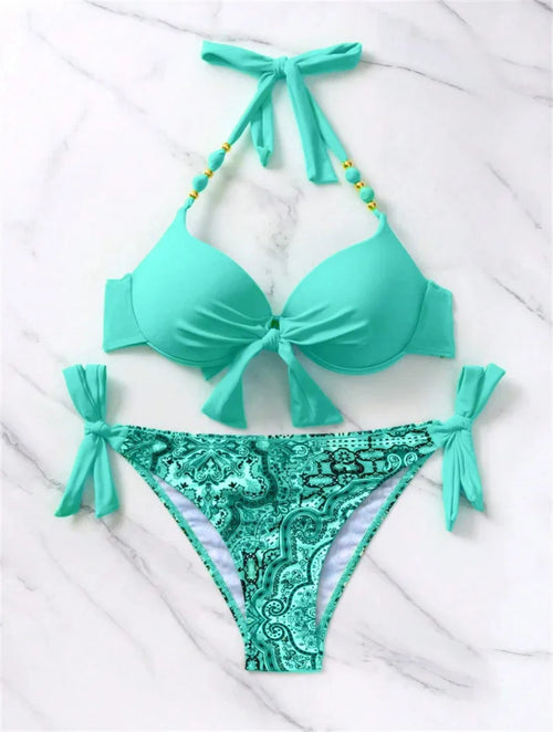 Summer Bikini New Underwired Bra Push Up Swimsuit Women Chest Knot Bow Bathing Suit Outfits Ties Swimwear Women Swimming Suit XL
