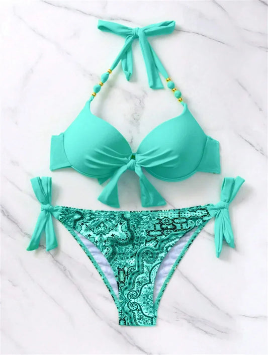 Summer Bikini New Underwired Bra Push Up Swimsuit Women Chest Knot Bow Bathing Suit Outfits Ties Swimwear Women Swimming Suit XL