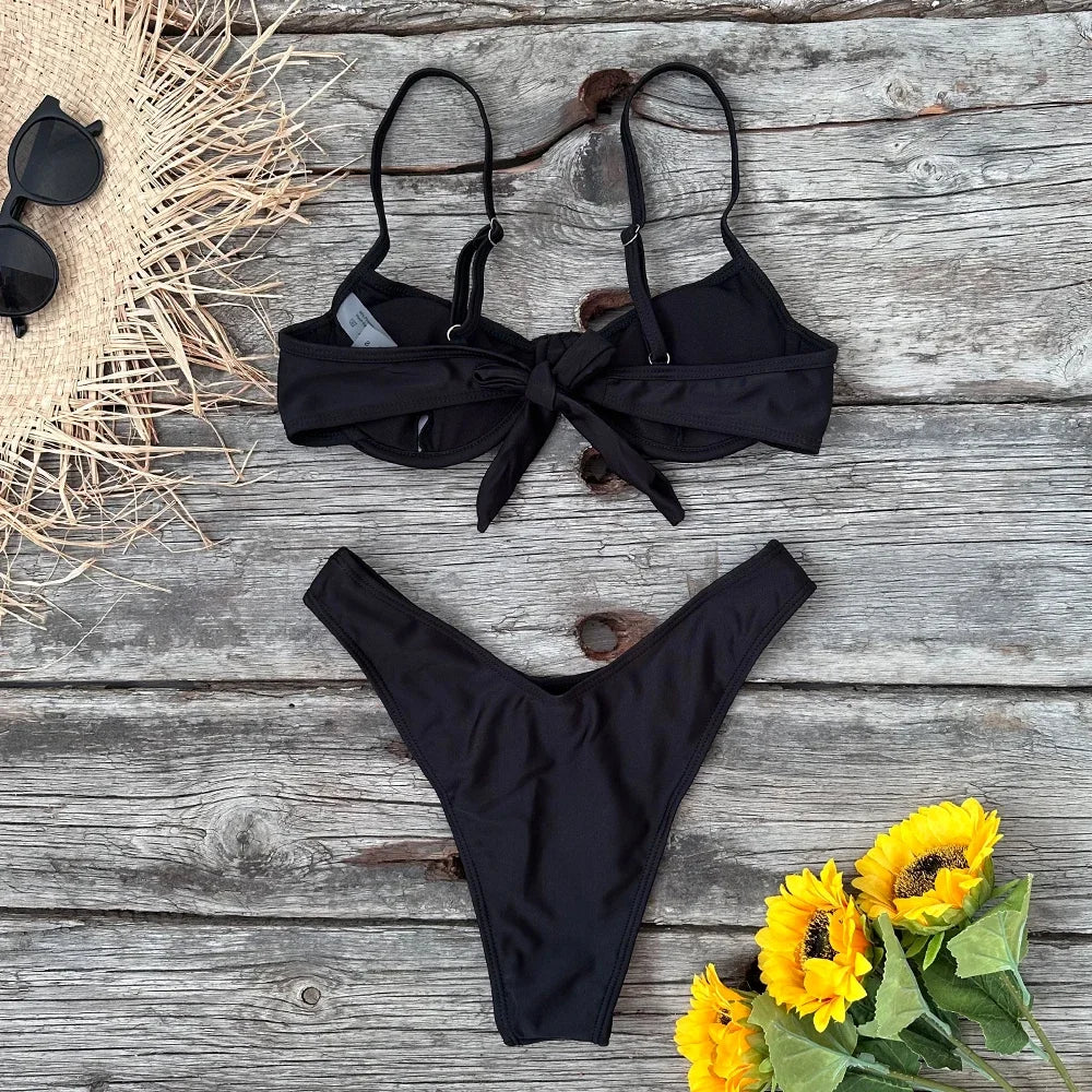 2025 Solid Thong Brazilian Bikinis Swimwear Women Swimsuit  Black White Bikini Set Bathing Suit Female Summer Beach Wear Biquini