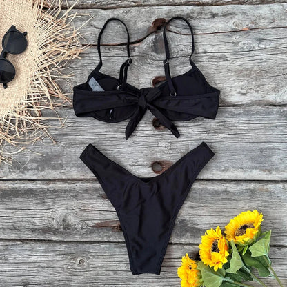 2025 Solid Thong Brazilian Bikinis Swimwear Women Swimsuit  Black White Bikini Set Bathing Suit Female Summer Beach Wear Biquini