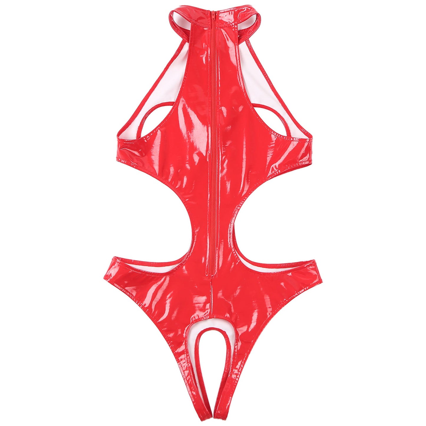 Womens Wet Look Faux Leather Hollow Out Open Breast Leotard Bodysuit Halter Neck Crotchless Jumpsuit Lingerie Teddy Nightwear