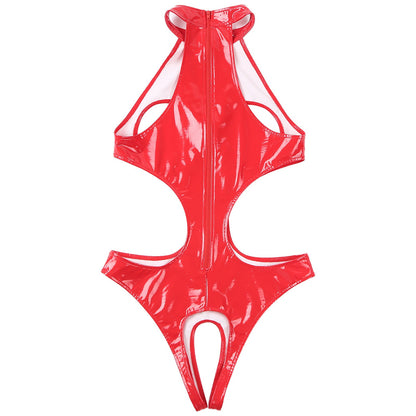 Womens Wet Look Faux Leather Hollow Out Open Breast Leotard Bodysuit Halter Neck Crotchless Jumpsuit Lingerie Teddy Nightwear