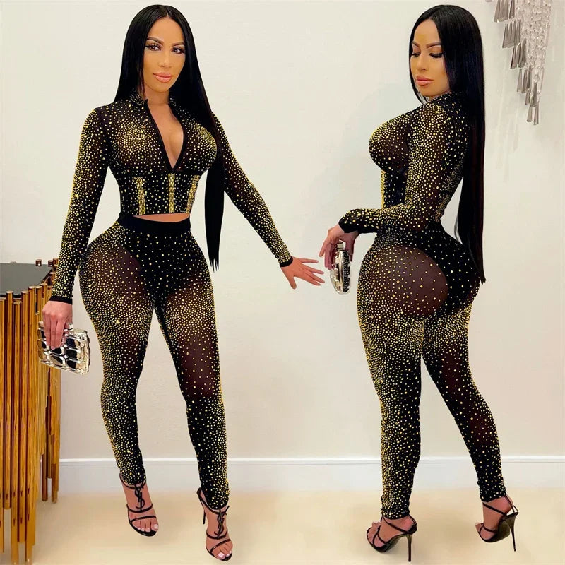Doyerl Glitter Rhinestones Sexy Club Outfits Woman 2 Piece Set Mesh See Through Long Sleeve Cropped Top and Pants Suit Birthday