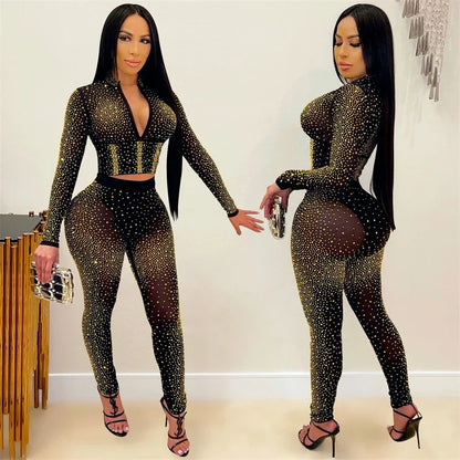 Doyerl Glitter Rhinestones Sexy Club Outfits Woman 2 Piece Set Mesh See Through Long Sleeve Cropped Top and Pants Suit Birthday