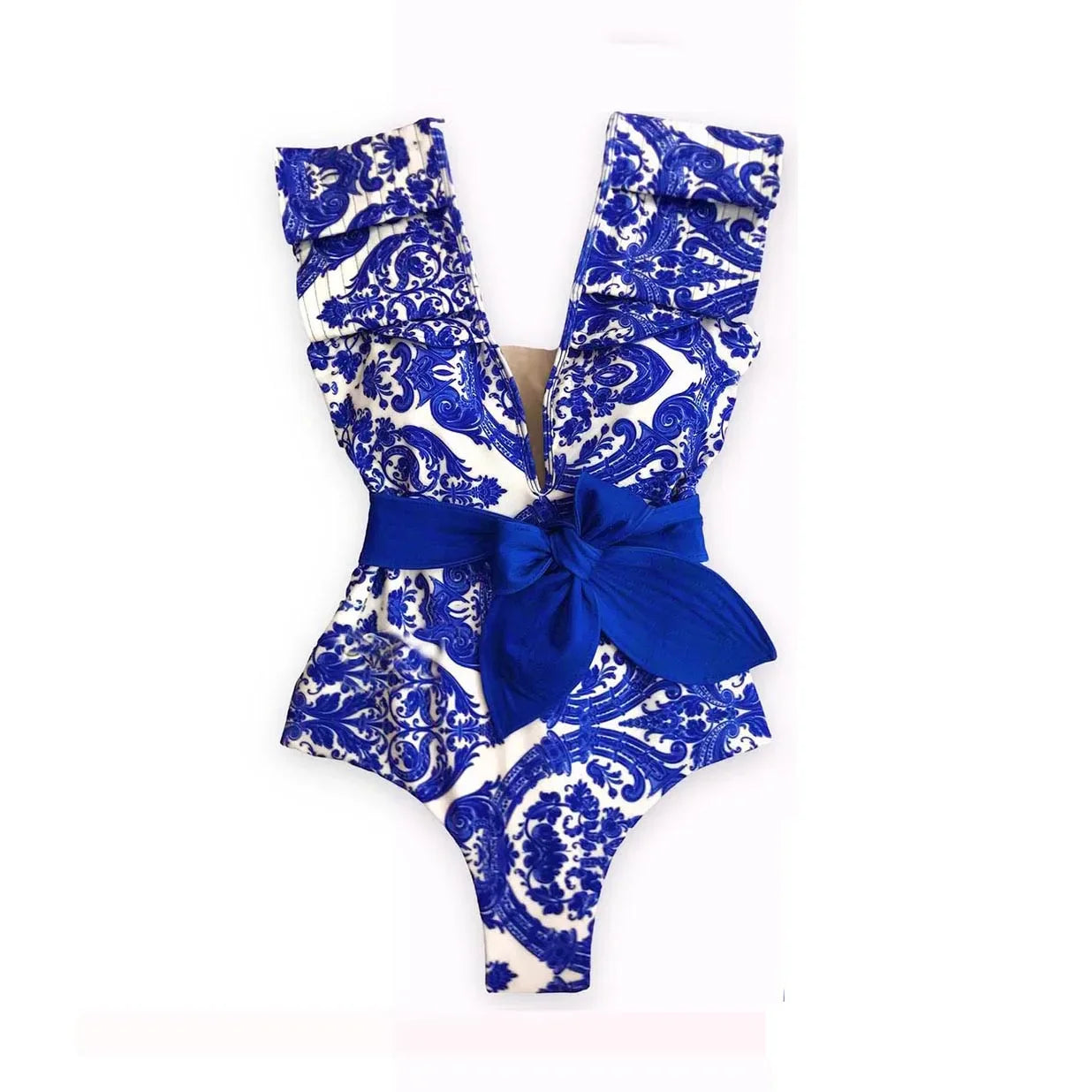 2025 New Sexy V-Neck One Piece Swimsuit Belt Swimwear Women Ruffle Monokini Push Up Swim Suit Colorful Bathing Suit Female Beach