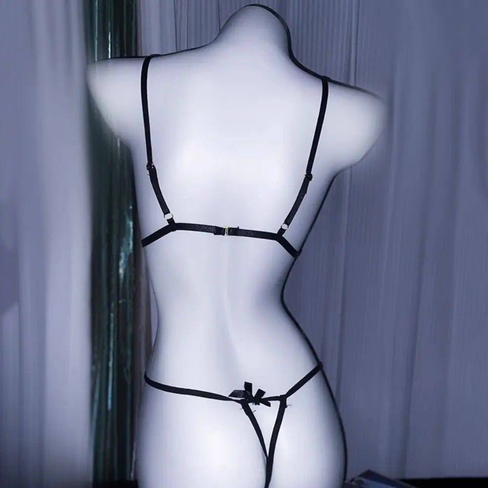 Sweet Deep V Neck Lace Bow Bodysuit Mesh Hollow Transparent Women Lingerie Jumpsuits Sleeveless Lace Sling Nightwear Gifts
