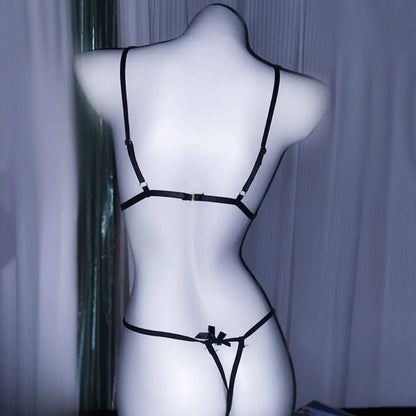 Sweet Deep V Neck Lace Bow Bodysuit Mesh Hollow Transparent Women Lingerie Jumpsuits Sleeveless Lace Sling Nightwear Gifts