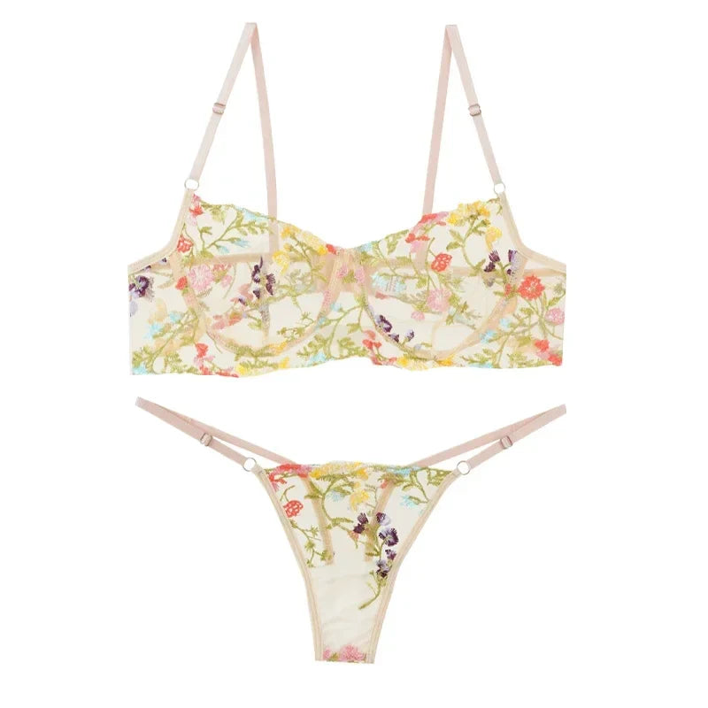 Floral Embroidery Lace Bras Set Women Sheer 2-Piece Sexy Bra + Panties Lingerie Fashion Underwear Set Intimates