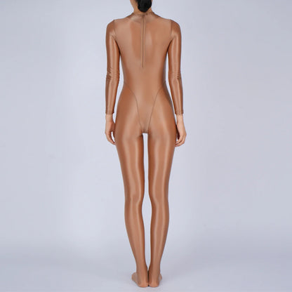 Womens Glossy Full Body Jumpsuit See Through Sheer Catsuits Bodystockings Long Sleeve Footed One Piece Gym Yoga Tights Bodysuit