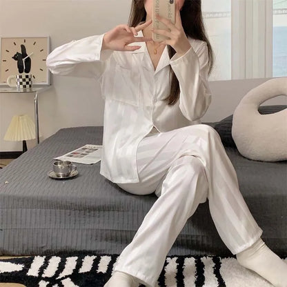 Women Pajamas Striped Pijama Sets Silk Satin Female Home Clothes Sleepwear Longsleeve Shirt Pants Homewear Shirt Pants Loungewea