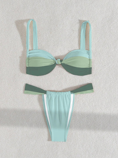 Circyy Contrast Color Swimwear Women Halter Pleated Bikini Set Two-piece Sexy Thongs Holiday Beach Bathing Suit Summer 2025 New