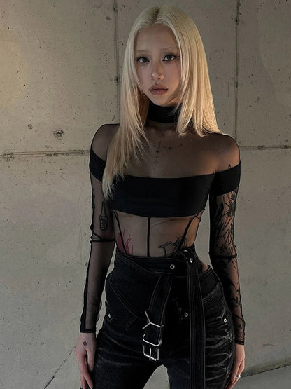 See Through Mesh Splicing Sexy Bodysuit Lingerie One-pieces Y2k Clothes Long Sleeve Body Feminino Hot Tops For Women Rave Outfit